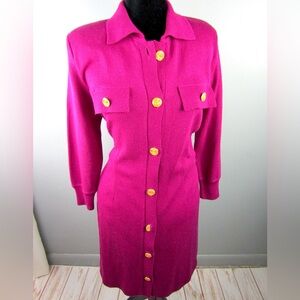 Liz Claiborne Vintage Fuchsia Pink Gold Buttons Sheath Sweater Dress